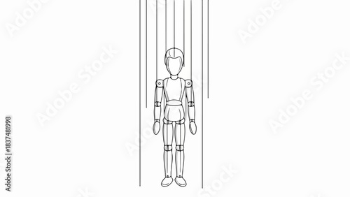 Minimalist line drawing shows puppet on strings, symbolizing control. Simple wooden marionette doll, puppet on strings, with visible lines, illustrates manipulation. Concept image for influence,