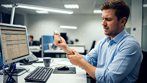 Man experiencing sharp wrist pain at office desk while working on computer, showing injury or overuse concept, footage.