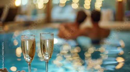 A couple is enjoying a romantic evening by the pool