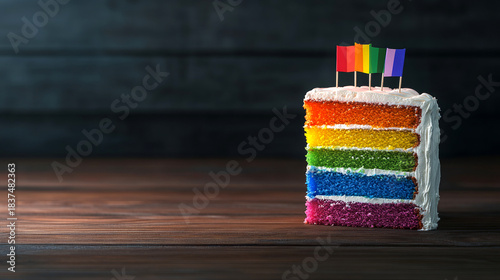 A vibrant rainbow layer cake is sliced to reveal its colorful layers, decorated with playful flags on top, set against a rustic wooden background