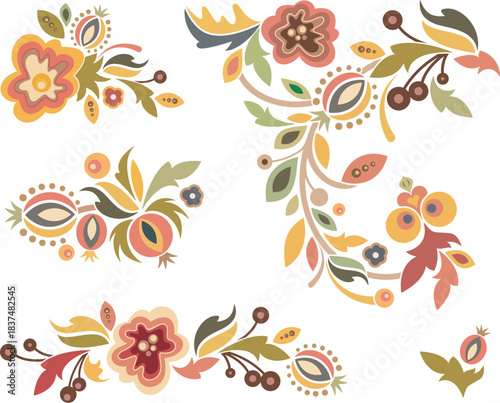 Vector floral Slavic traditional decoration motifs set. For cards, fabric, textiles, clothing, packaging, fabric, paper, wallpaper, wrapping, decor. Folklore hohloma traditional eastern ornament.