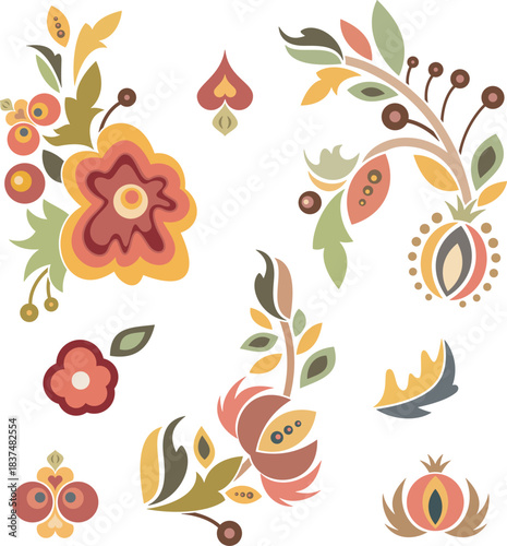 Vector floral Slavic traditional decoration motifs set. For cards, fabric, textiles, clothing, packaging, fabric, paper, wallpaper, wrapping, decor. Folklore hohloma traditional eastern ornament.