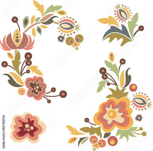 Vector floral Slavic traditional decoration motifs set. For cards, fabric, textiles, clothing, packaging, fabric, paper, wallpaper, wrapping, decor. Folklore hohloma traditional eastern ornament.