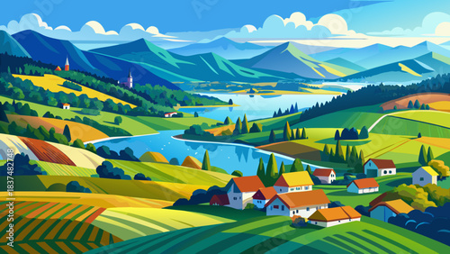 Very beautiful summer panorama reveals rolling rural fields and shimmering Irrsee lake from above, highlighting peaceful countryside charm, gentle hills, blue waters, and the serene natural beauty of 