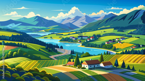 Very beautiful summer panorama reveals rolling rural fields and shimmering Irrsee lake from above, highlighting peaceful countryside charm, gentle hills, blue waters, and the serene natural beauty of 