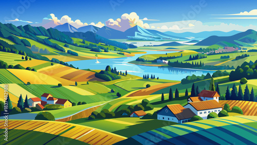 Very beautiful summer panorama reveals rolling rural fields and shimmering Irrsee lake from above, highlighting peaceful countryside charm, gentle hills, blue waters, and the serene natural beauty of 
