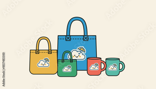 A series of promotional items including tote bags and mugs adorned with a playful and recognizable brand logo.