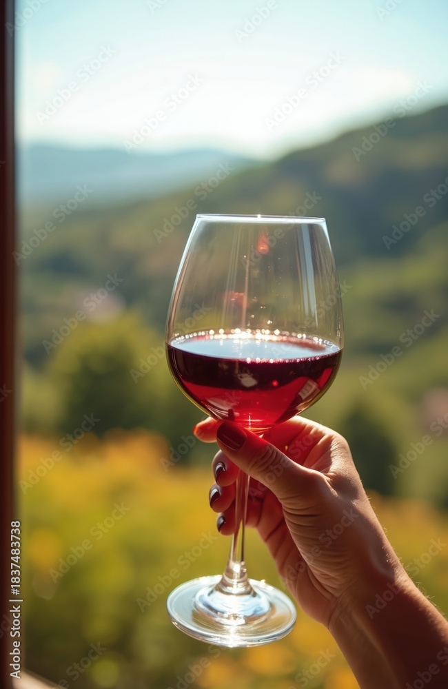 Fototapeta premium Woman holds glass of red wine. Enjoys drink with beautiful Italian landscape in background. Sun shines on green hills, distant mountains. Perfect sunny day, vacation view from window. Relaxing travel