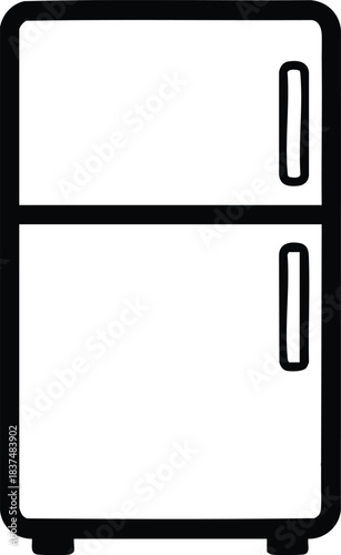 Simple black and white illustration of a refrigerator with two doors for food storage.
