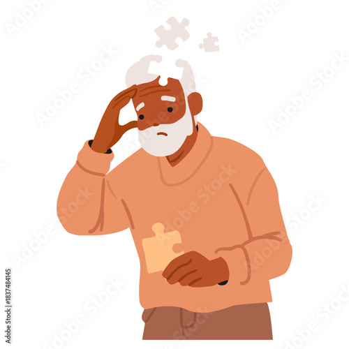 Confused senior man cartoon character missing mind jigsaw pieces suffering from memory loss