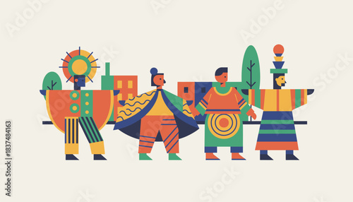 A colorful parade with dancers marching through the streets showcasing diverse costumes and patterns celebrating cultural identity and community spirit.