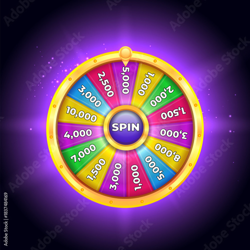 Colorful Casino Spin Wheel with Bright Neon Lights, Jackpot Prizes, and Sparkling Effects for Gambling Games