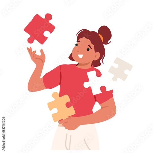 Teenage girl character finding missing jigsaw pieces of her inner world due to self-understanding