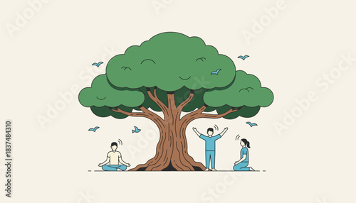 A group meditation session underneath a large ancient tree with people in various poses surrounded by the sounds of chirping birds.