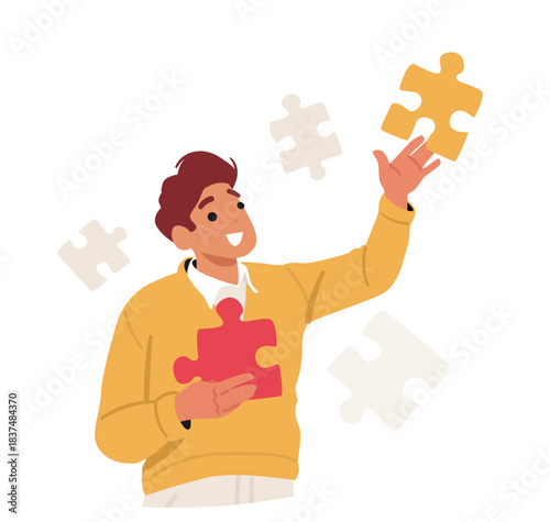 Teenage boy cartoon character gathering jigsaw puzzle pieces showcasing mental health recovery