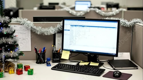 Decorated office cubicle with christmas tree and computer monitor for new year business work footage