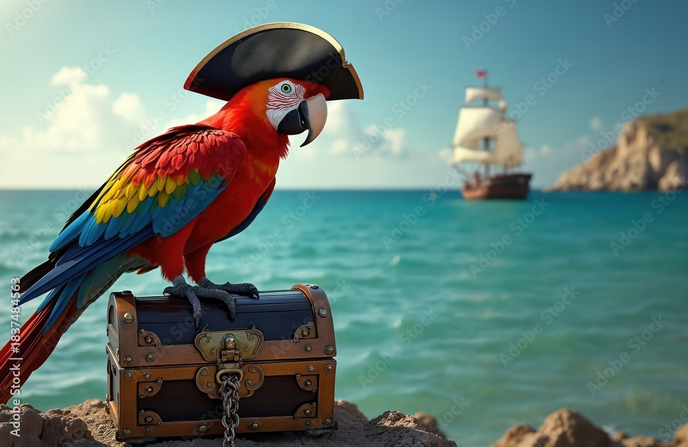 Naklejka premium Colorful parrot wears pirate hat on treasure chest by ocean. Sailing ship on horizon near island cliffs. Parrot guards booty on rocky shore near tropical sea.