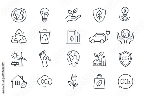 Eco or Ecology Icon Set. Environmentally friendly, linear ecology symbol. Alternative Green Energy Source concept. Vector illustration.