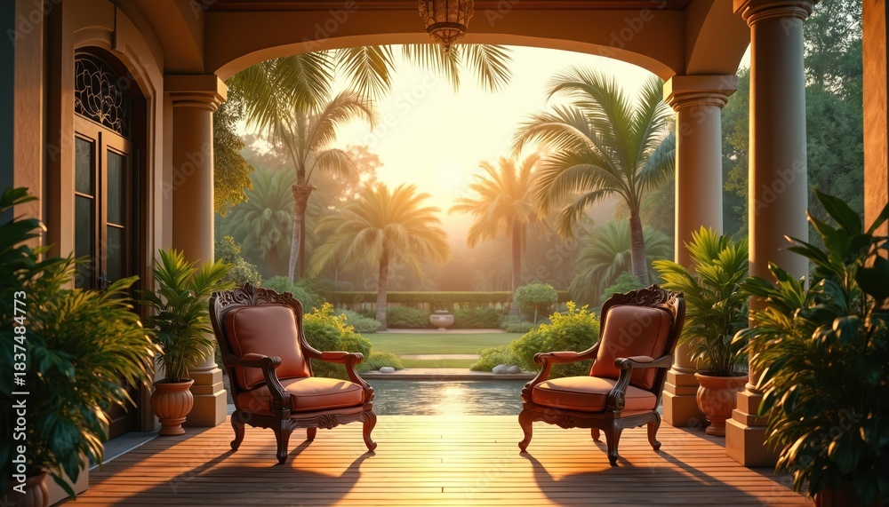 Naklejka premium Two vintage chairs on wooden porch face a sunlit garden with pool. Palm trees frame serene view, creating tranquil outdoor lounge setting. Warm golden hour light.