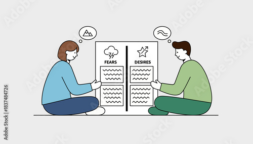 A couple exploring a worksheet with questions designed to deepen their understanding of each others fears and desires.