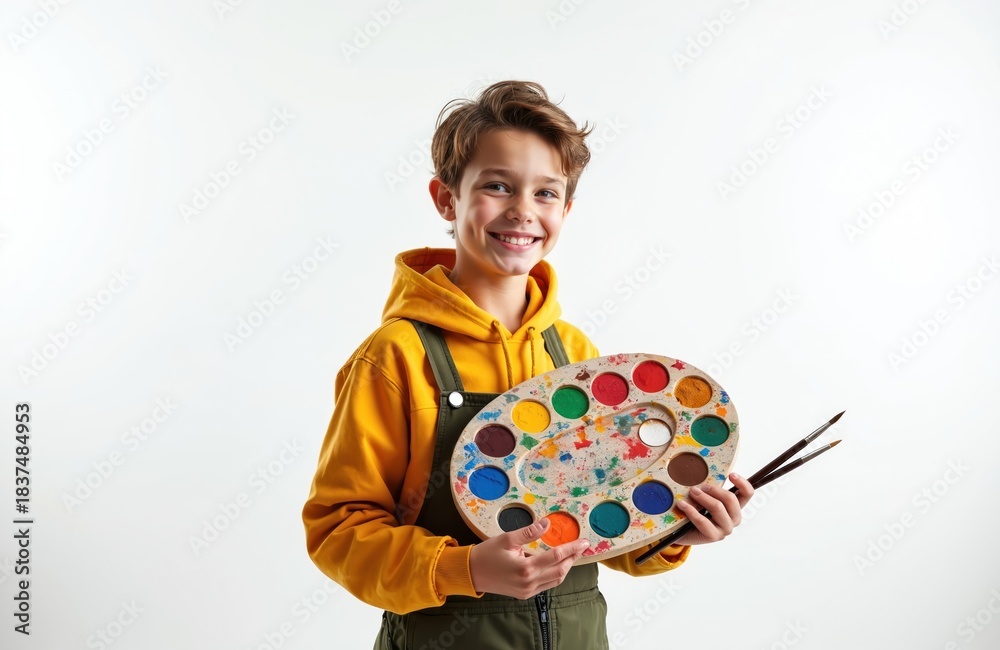 Fototapeta premium Young boy holds colorful art palette with paints and brushes ready to draw. He smiles happily against a white backdrop. Concept of childhood creativity and artistic expression.