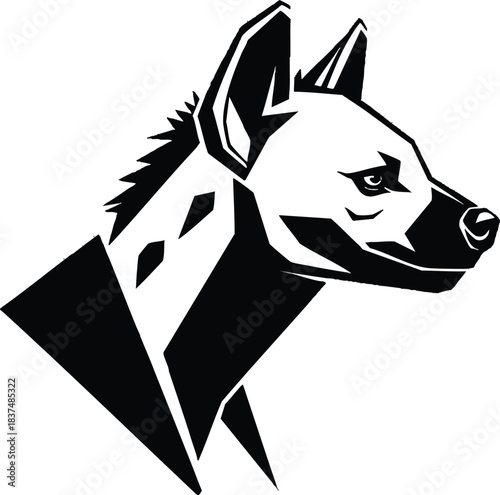 Striking black and white hyena head portrait with intense gaze and sharp features.