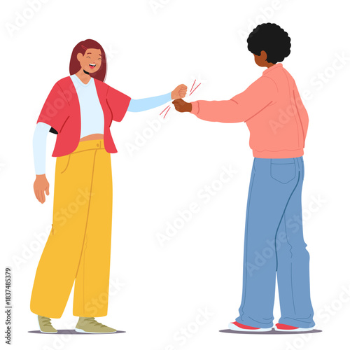 Diverse students cartoon characters celebrating cross-cultural friendship with fist bump gesture