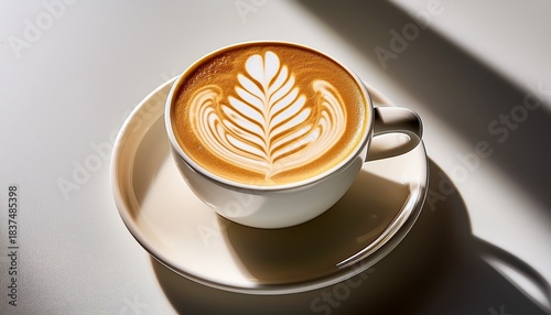 overhead view of a latte art coffee in a white ceramic cup and saucer a delicate leaf like pattern of foam sits atop a light beige latte soft shadows accentuate the cup s form
