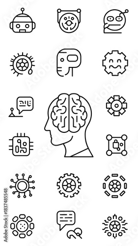Artificial Intelligence web icons in line style. Innovation technology, machine, robot, bot, brain, collection. Vector illustration.