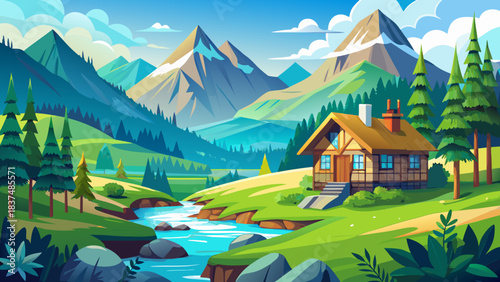 Very beautiful mountain landscape features a cozy cabin perched on a green hillside beside a winding river, surrounded by fresh forest, bright meadows, and peaceful natural scenery in pure tranquility
