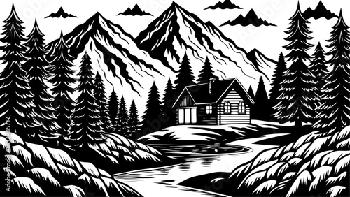 Very beautiful mountain landscape features a cozy cabin perched on a green hillside beside a winding river, surrounded by fresh forest, bright meadows, and peaceful natural scenery in pure tranquility