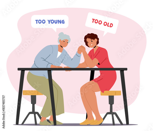 Elderly and young women intense arm-wrestling match symbolizing intergenerational conflict