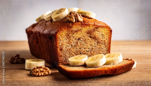 sliced banana bread loaf with walnuts and bananas on wooden surface