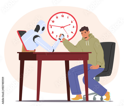 Man and AI fighting in arm-wrestling battle evolving organic and artificial intelligence competition