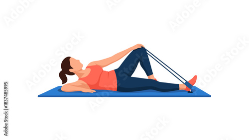 Woman Lying Down on a Blue Yoga Mat Performing Resistance Band Exercise With Dark Blue Leggings and Orange Tank Top in a Minimalist Studio Environment
