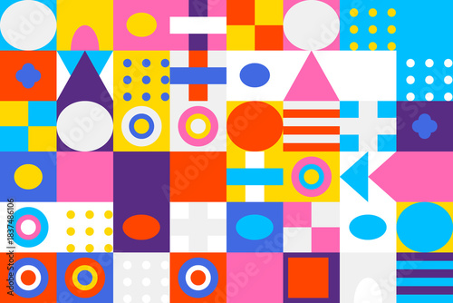 Vibrant abstract geometric pattern with colorful shapes and flat design elements, ideal for modern backgrounds and creative.
