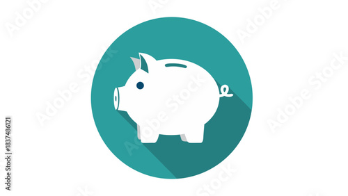 White Piggy Bank Icon with Blue Circle Background and Long Shadow Illustration