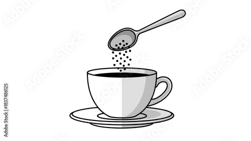 White Coffee Cup Filled with Dark Beverage and Spoon with Granules Above Against Black Background with Soft Shadows and Highlights Minimalist Style