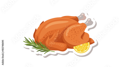 Whole Roasted Chicken Adorned With Lemon Slice and Rosemary Sprig on White Background A Delicious Golden Brown Festive Meal Perfect For Holidays