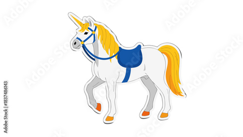 White Unicorn With Golden Mane and Tail Blue Saddle and Bridle Against a Black Background