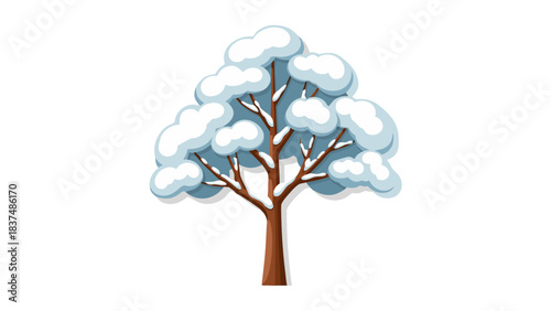 Winter Tree Covered In Fresh Snow With Brown Bark And Bare Branches Against A Black Background On A Cold Day