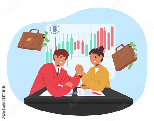 Stock market traders engaged in intense arm-wrestling to fight for investment opportunities scene