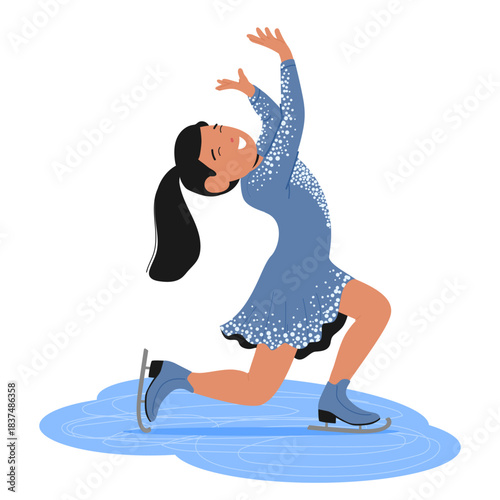 Attractive girl figure skater cartoon character dancing on ice rink performing artistic exercise