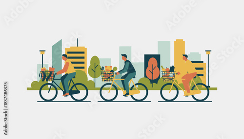 A bike ride through a vibrant urban landscape with riders using baskets made of recycled materials instead of plastic carriers emphasizing sustainable transportation.