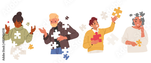 Young, adult and senior people missing jigsaw pieces of their inner world metaphor isolated set