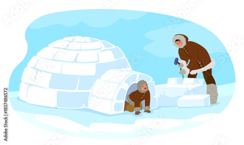 Happy Eskimos family cartoon scene with father and little son characters building igloos ice home