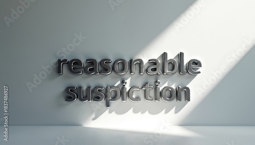 Reasonable suspicion text appears in shiny 3D letters on clean, minimal light wall. Strong directional light creates dramatic, long shadows, emphasizing phrase for clear impact. Visual represents