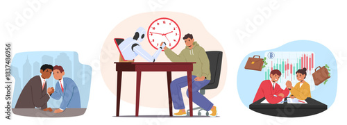 People fighting in arm-wrestling experiencing business, financial and technological conflict set