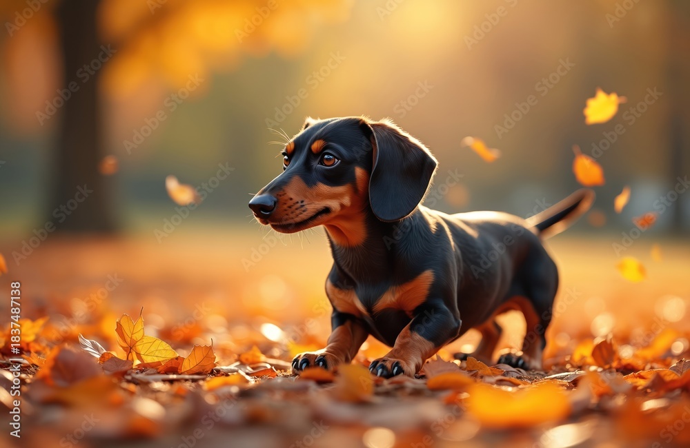 Obraz premium Cute dachshund dog stands alert among colorful autumn leaves in sunny park. Happy black tan puppy explores nature, enjoying fall season. Small pet plays outdoors with golden foliage, enjoying natural