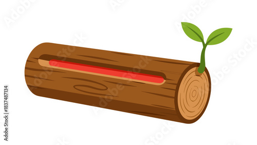 Wooden Log with Growing Green Sprout and Red Line Symbolizing Growth or Progress Against a Transparent Background